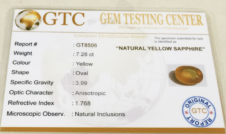 7.28 ct/8.25 ratti Natural Certified Bangkok Pukhraj/Yellow Sapphire